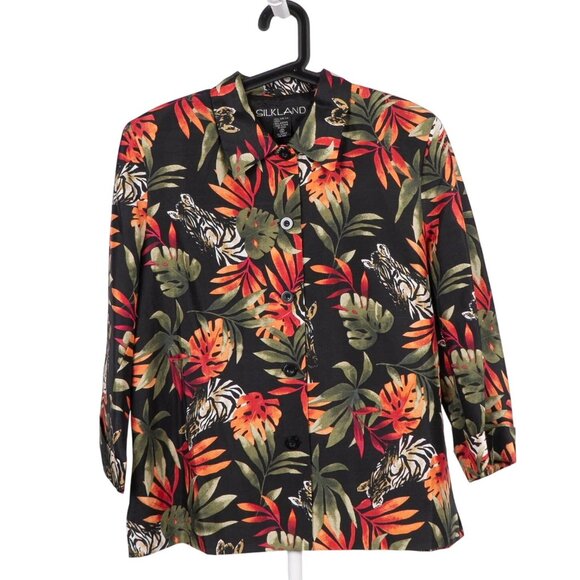 SilkLand Tops - Silkland Button Up Shirt 12 Womens Zebra Tropical Palm Branch Black Green Orange